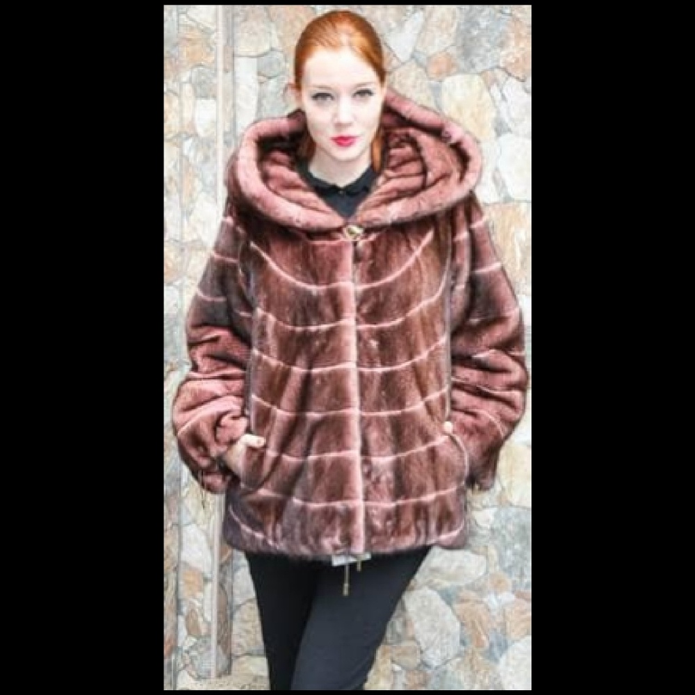 Hooded Rose Mink Fur Jacket Sheared Mink Fur Inser